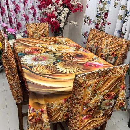 ৬ পিছ চেয়ার কভার এবং ডাইনিং টেবিল কভার 3D প্রিন্টেড- ৫০৬