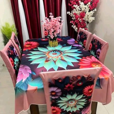 ৬ পিছ চেয়ার কভার এবং ডাইনিং টেবিল কভার 3D প্রিন্টেড- ৫১৪